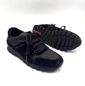 2018 PRADA 3E6412 Black Suede & Nylon Lace-up Logo Sneakers P38.5 US8.5 -FLAWED